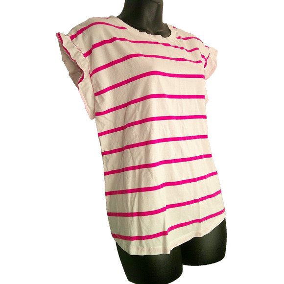 Crown & Ivy Pink White Striped Short Flutter Sleeves T-Shirt Women's Large - Picture 3 of 6